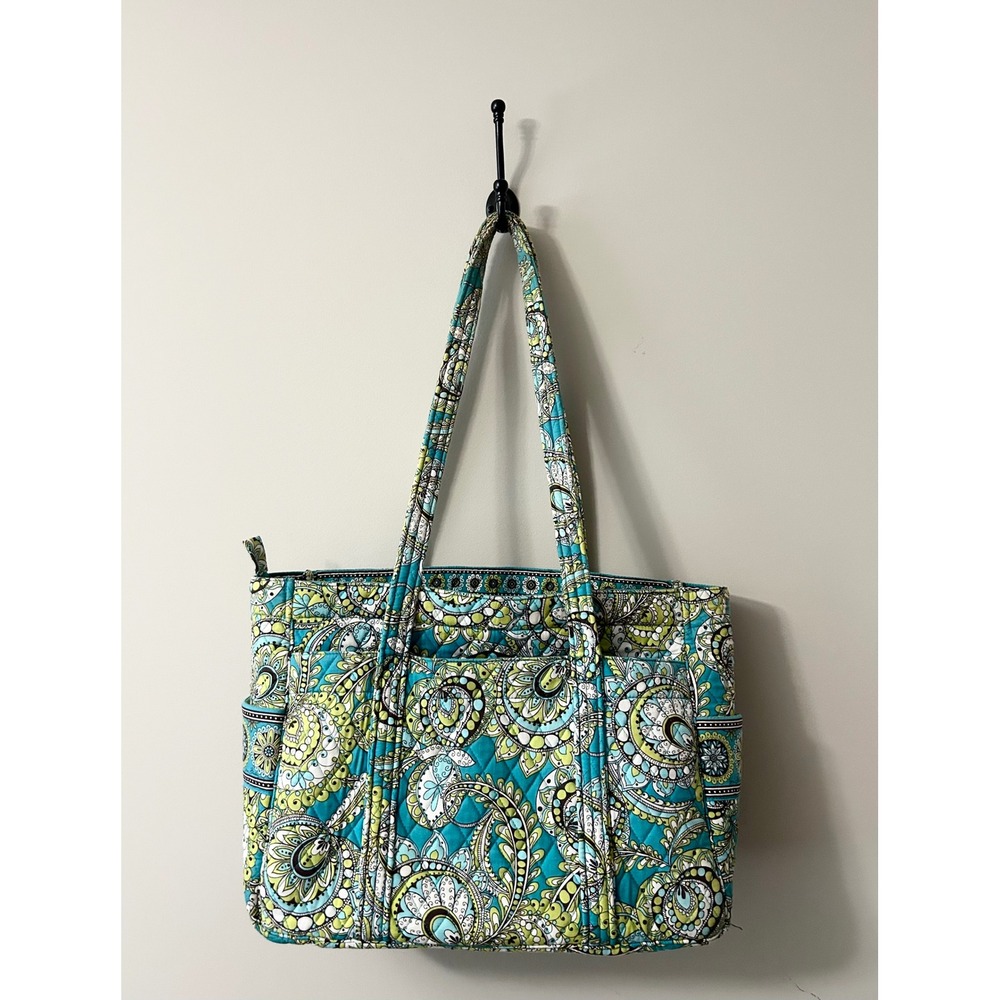 Vera Bradley Quilted Cotton Tote Bag Teal Green Paisley Shoulder Bag Zip Top